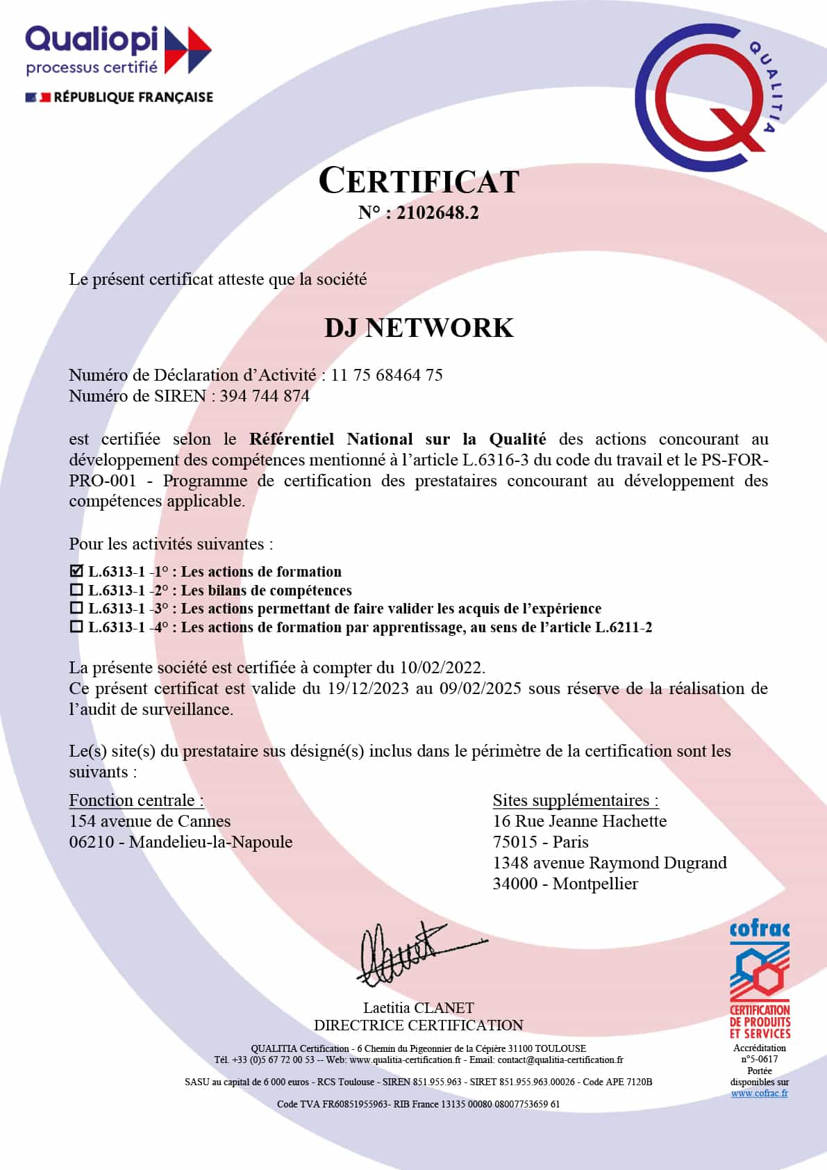 Certificat Qualiopi pour les actions de formations de DJ NETWORK.