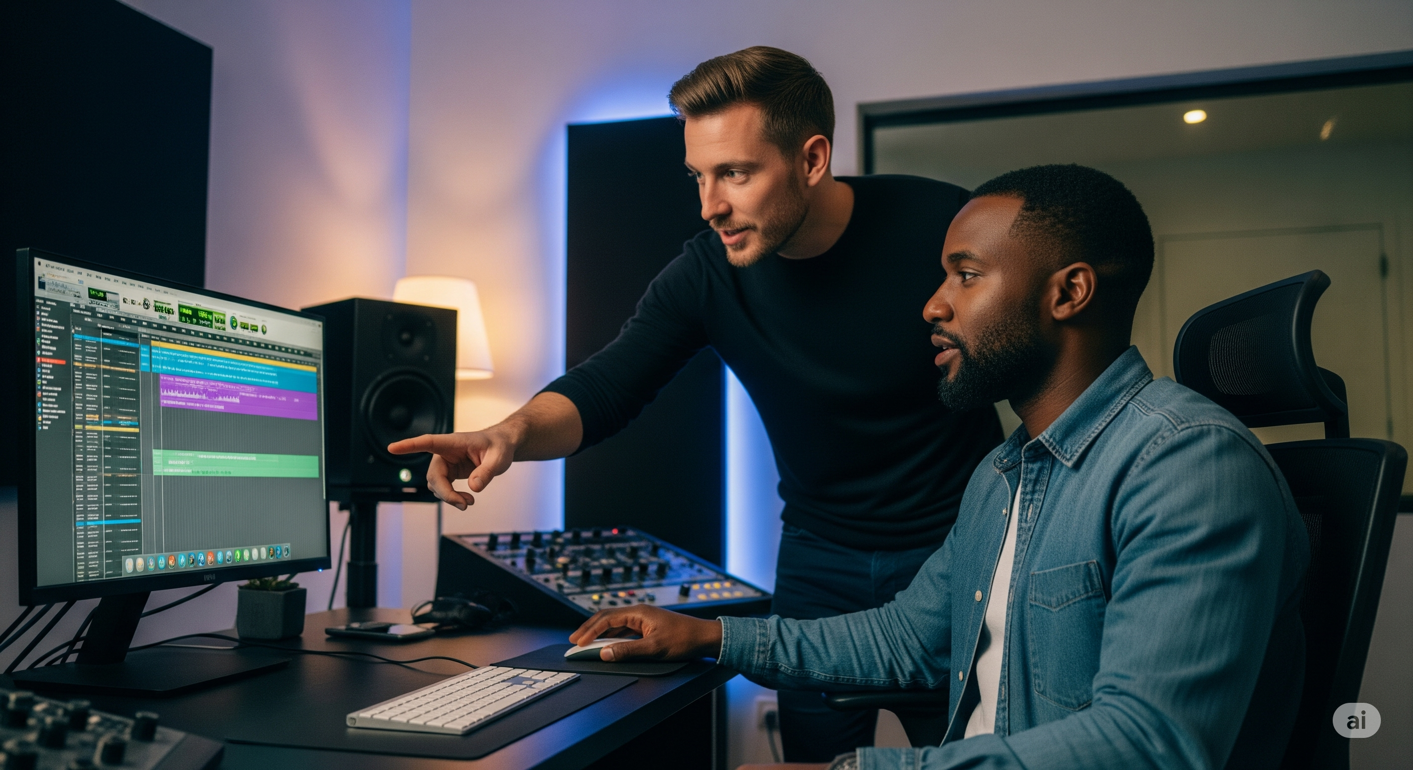 Feedback pro - Production musicale mentor qui explique à un étudiant
