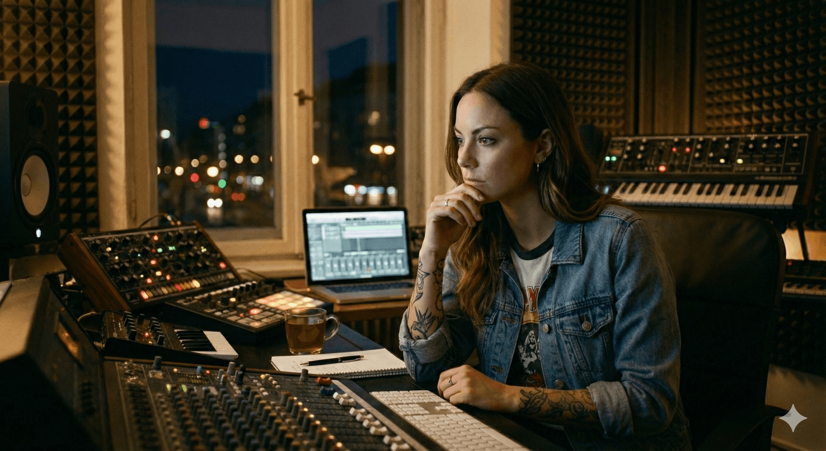 Productrice en studio de musique Productrice pensive en studio analysant ses choix de carrière et ses contrats de musique.