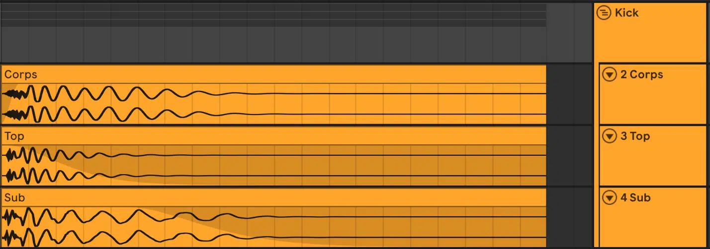 Technique de layering de kick Superposition de sons pour un kick : pistes "corps", "top" et "sub" dans Ableton.