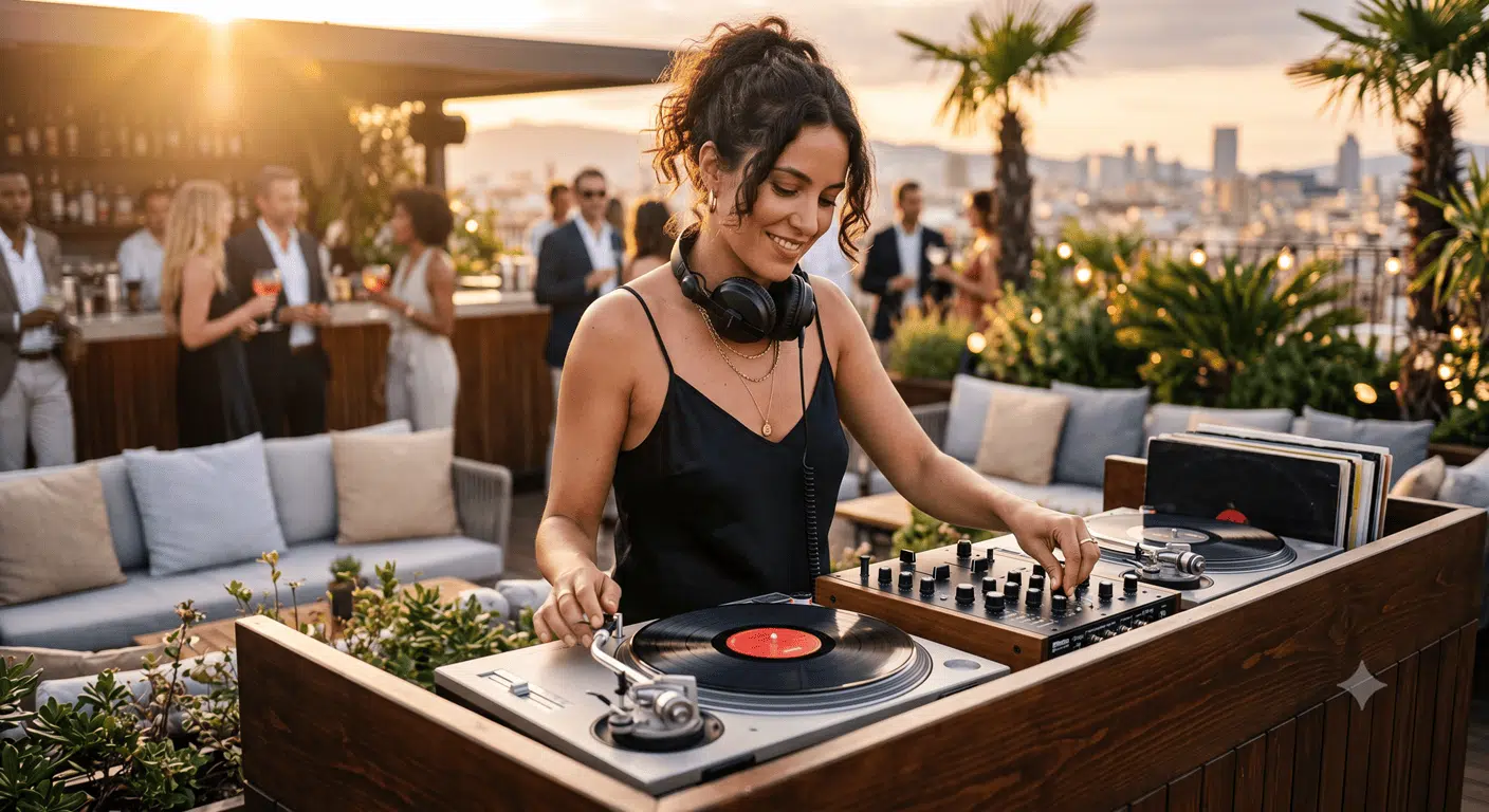 Prestation DJ événementielle sur rooftop DJ souriante mixant sur platines vinyles lors d'une soirée sur rooftop pour illustrer comment devenir DJ.