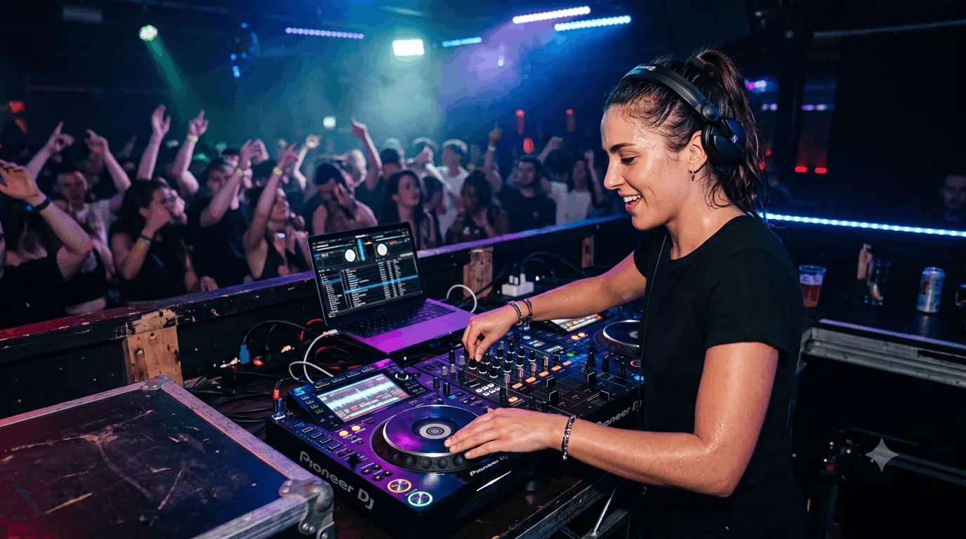 DJ aux platines en prestation devant un public, illustrant le métier de DJ