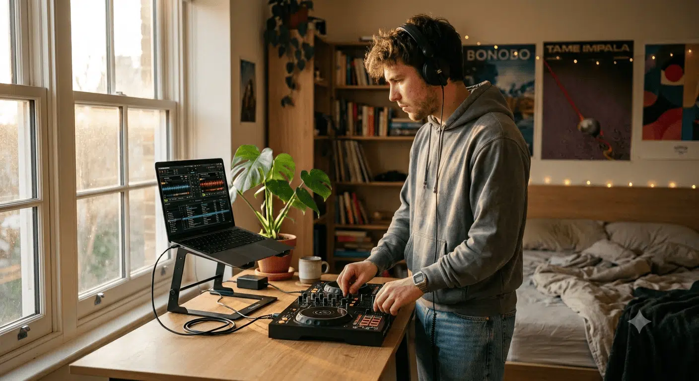 Prix d'une formation DJ pour débutant DJ débutant s'entraînant aux platines, illustrant le prix d'une formation DJ pour débuter