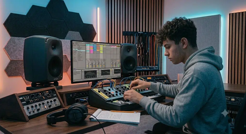 Création sonore sur synthétiseur en studio Jeune producteur manipulant un synthétiseur à son bureau pour s'initier au sound design pour débutants.