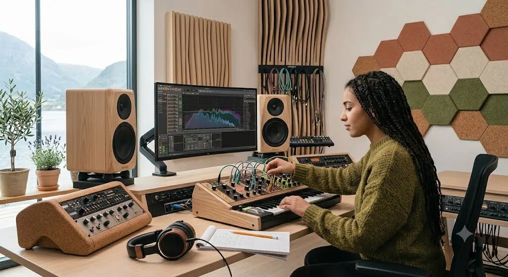 Femme manipulant un synthétiseur semi-modulaire en studio pour s'initier au sound design pour débutants.