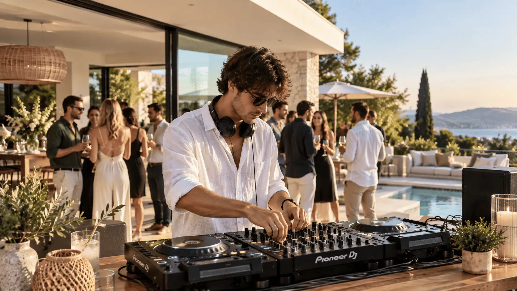 DJ débutant en prestation privée DJ débutant en prestation lors d'une soirée en villa, illustrant comment fixer son tarif de DJ