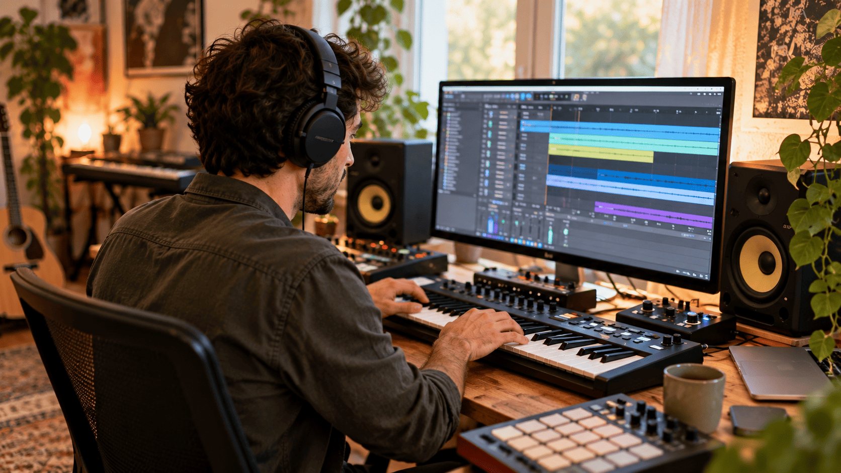 Formation musicale finançable avec le CPF Producteur de musique au travail dans son studio, illustrant les formations musicales finançables avec le CPF