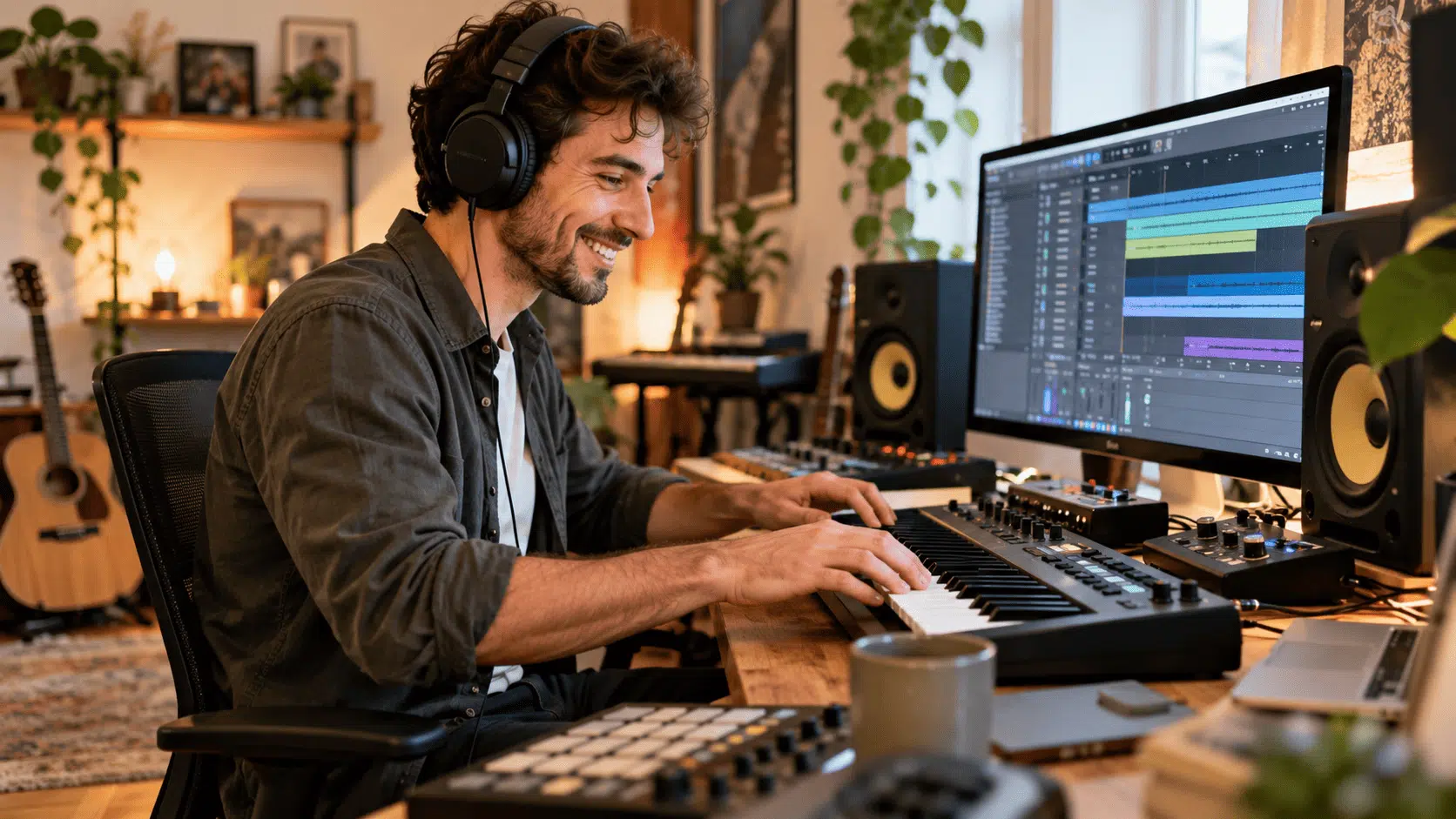 Homme en home-studio composant de la musique au clavier, illustrant comment se former à la musique avec le CPF