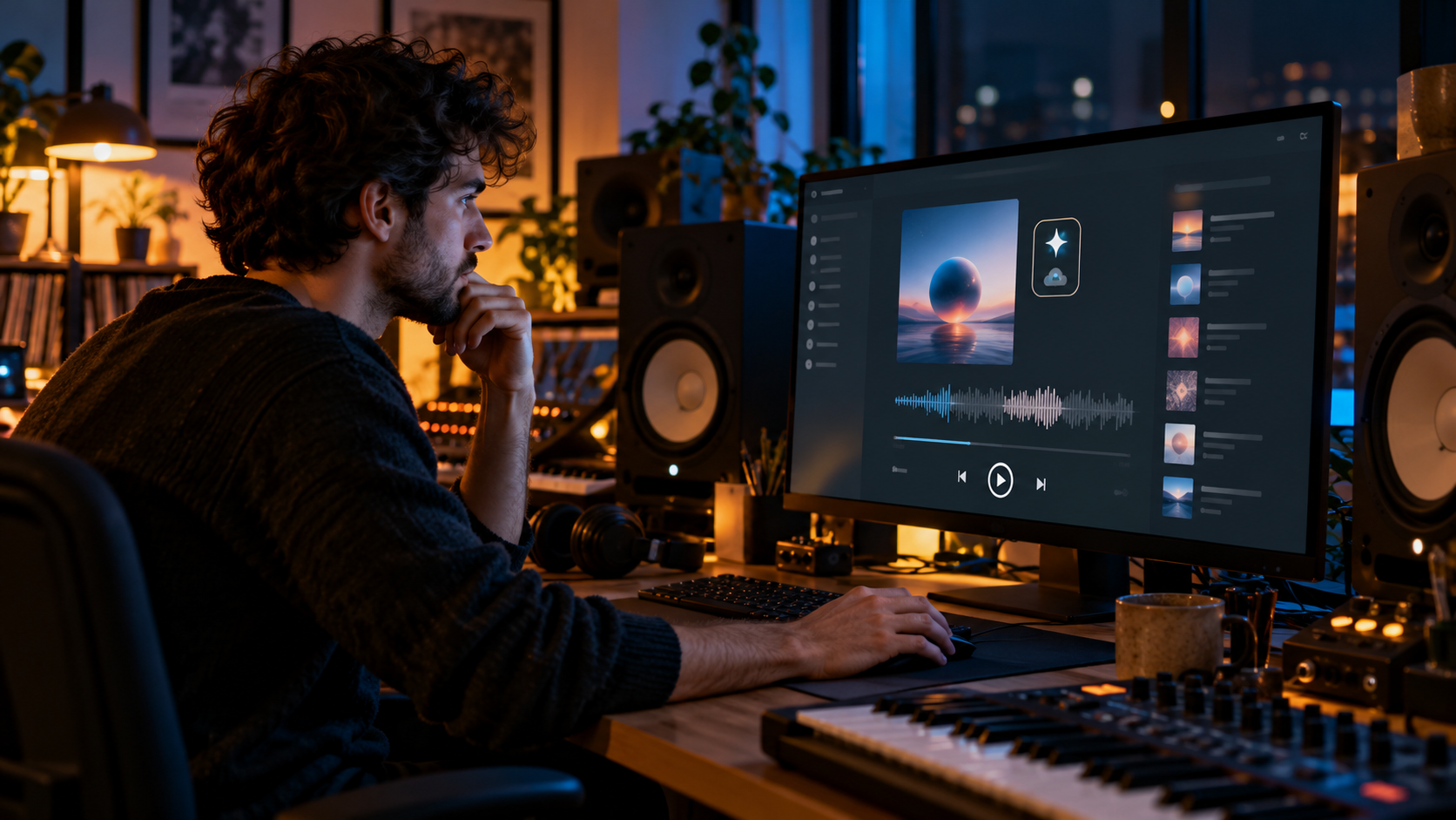 Producteur indépendant et transparence musicale Producteur indépendant consultant un lecteur musical numérique dans son studio